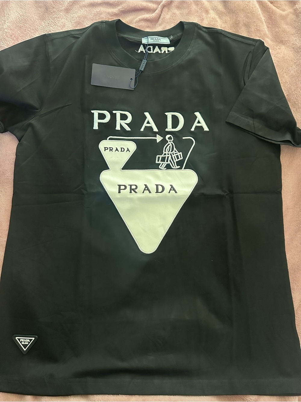 Prada Black Short-Sleeve Logo Graphic Tee with Ivory Emblem